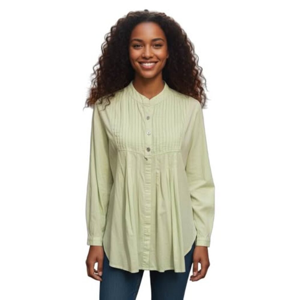 Pastel Lime Green Pleated Front Long Sleeve Smocked Top. SZ Large. Spring